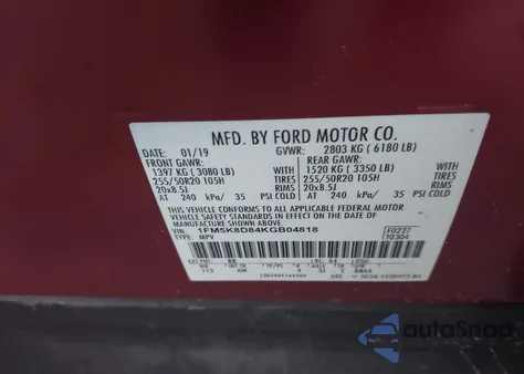 2019 Ford Explorer Xlt from USA, damaged, VIN 1FM5K8D84KGB04818